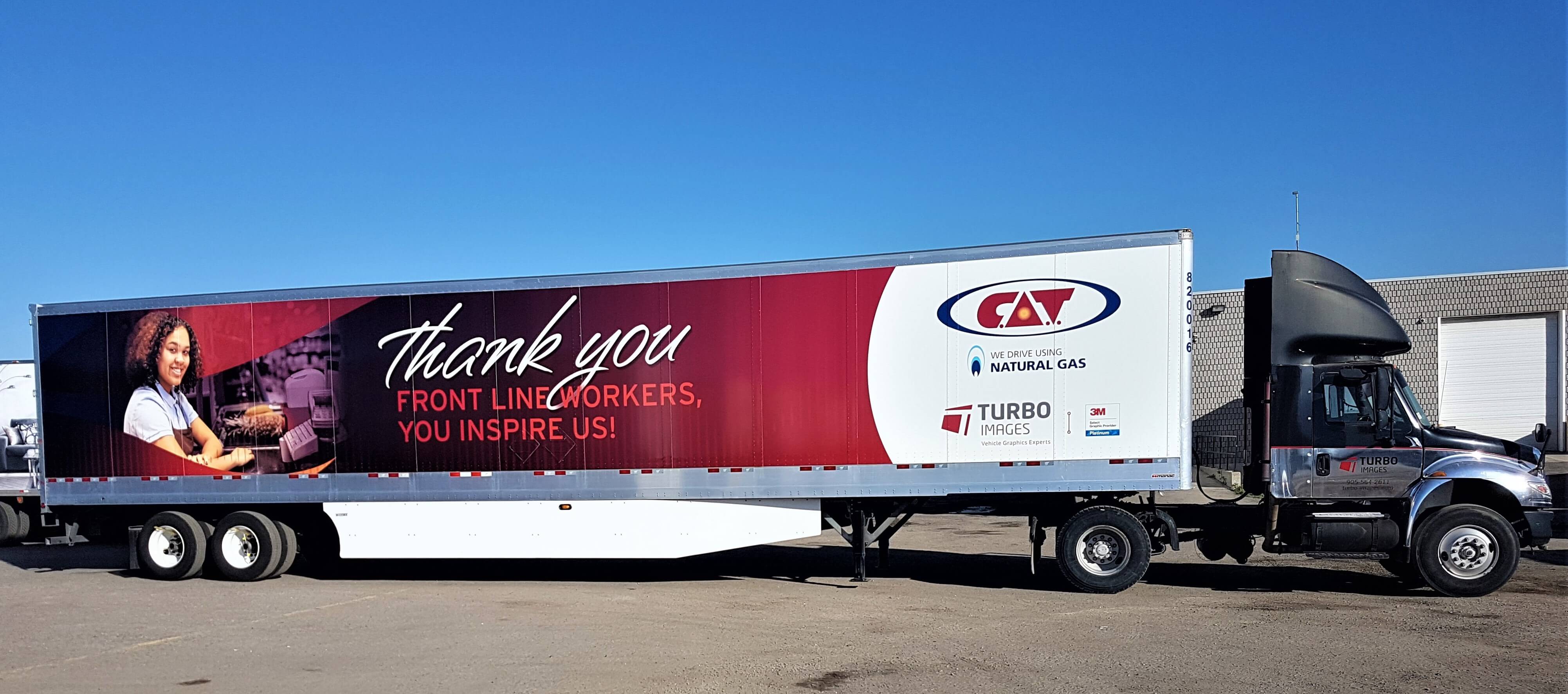 Vinyl trailer wrap thanking front line workers by Turbo Images the leader in trailer wraps and many great partners in this great trailer wrap project. For a great design and custom vinyl truck or trailer wrapping job, contact Turbo Images.